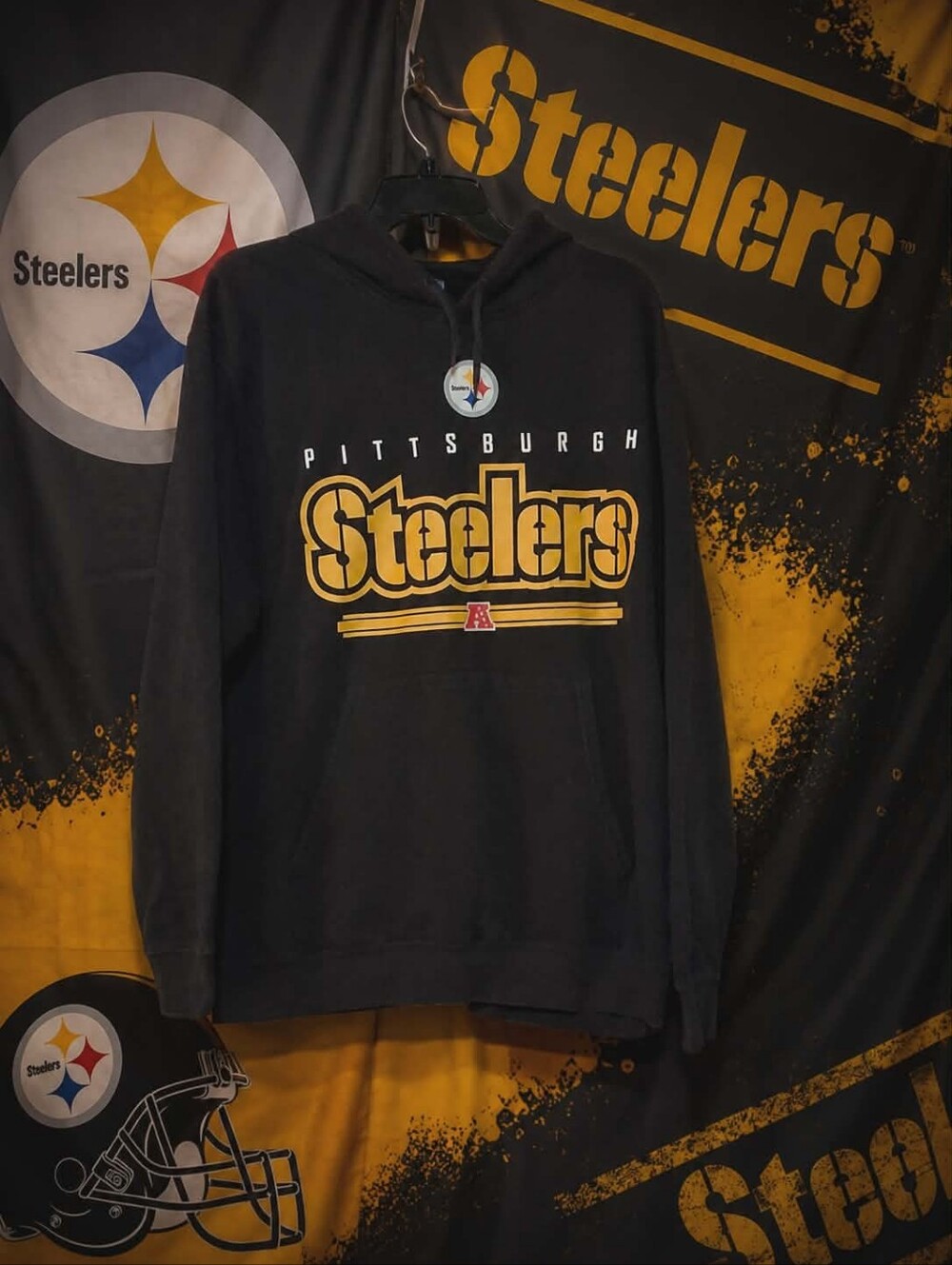 Pittsburgh Steelers Hoodie Mens L Black Pullover NFL Football Sweatshirt Faded